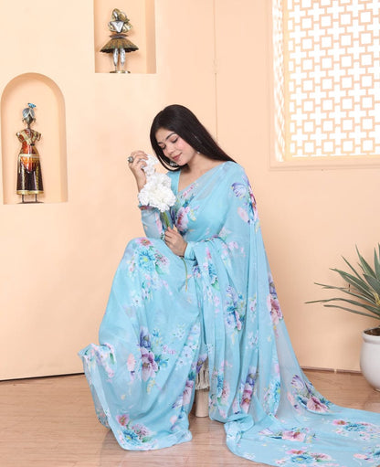 Light Blue floral Printed Ready-to-Wear Saree 253