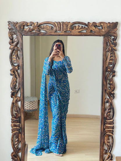 Blue Floral Printed Ready-to-Wear Saree 293
