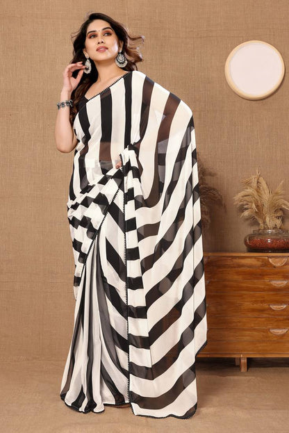 Black and White Stripes Printed Ready-to-Wear Saree 272