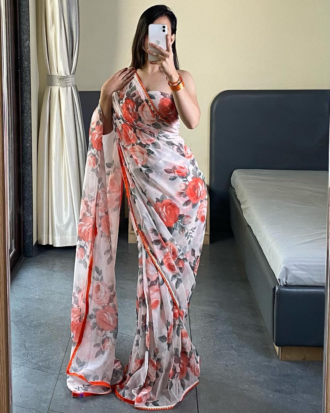 White and orange floral Printed Ready-to-Wear Saree 254