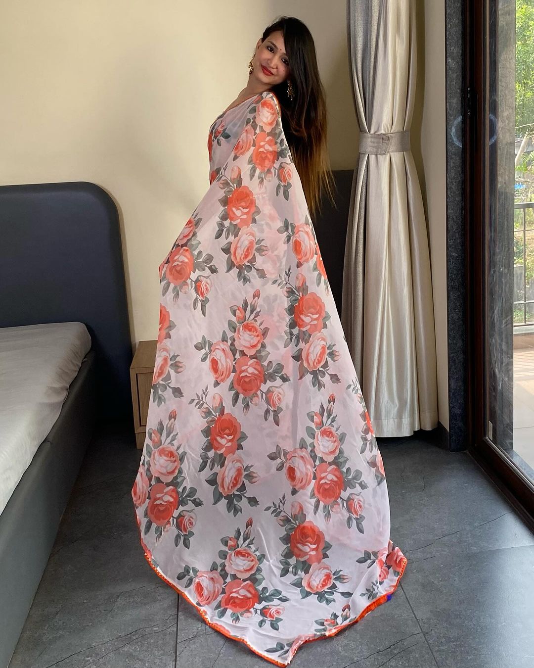 White and orange floral Printed Ready-to-Wear Saree 254