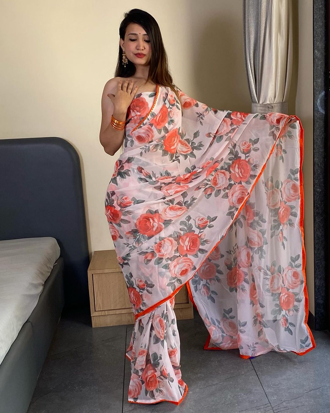 White and orange floral Printed Ready-to-Wear Saree 254