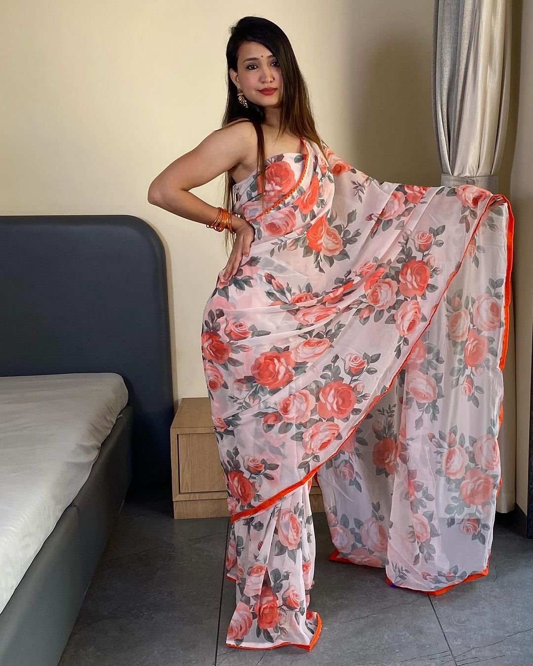 White and orange floral Printed Ready-to-Wear Saree 254