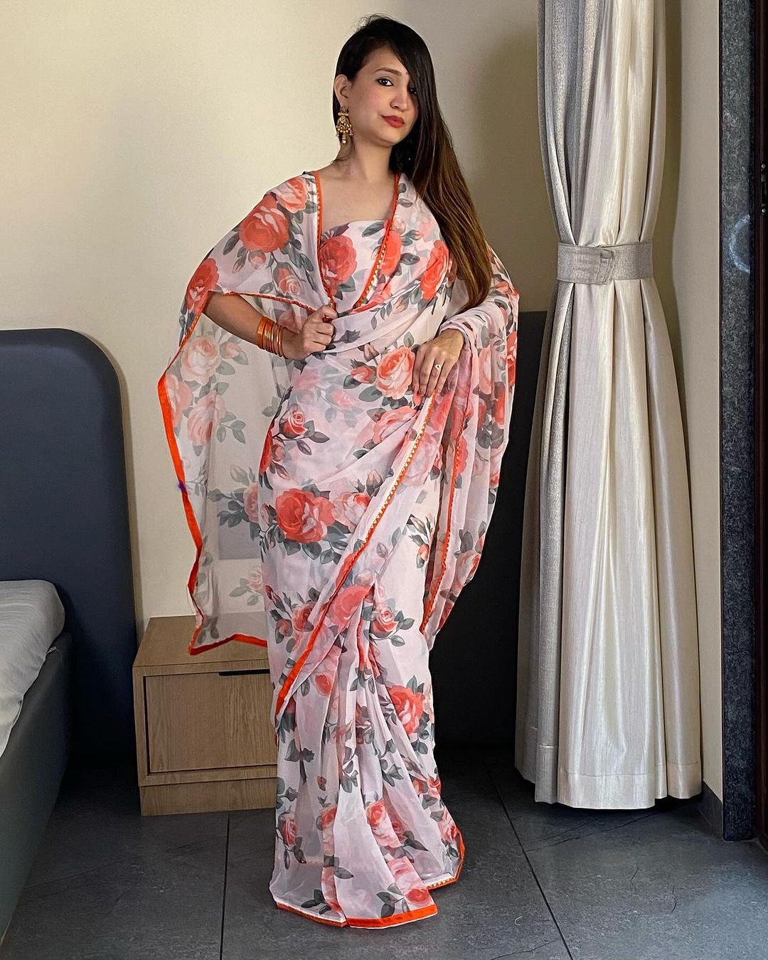 White and orange floral Printed Ready-to-Wear Saree 254