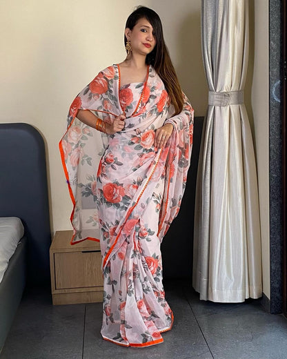 White and orange floral Printed Ready-to-Wear Saree 254